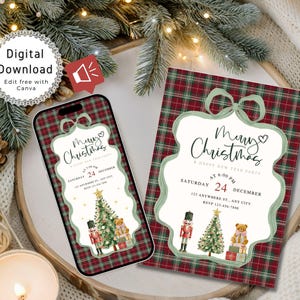 以下が含まれることがあります： 同じデザインのクリスマス招待状と電話画面。デザインは、赤と緑のチェック柄の背景に白いフレームと「Merry Christmas」の文字が特徴です。招待状には、クリスマスツリー、くるみ割り人形、テディベアが含まれています。