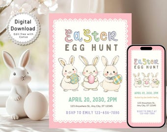 Easter Egg Hunt Invitation Printable, Easter Brunch Invitate Digital, Easter Party Invite Template, Bunny Invitation Editable in Canva