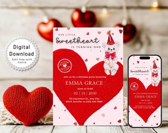 Little Sweetheart is Turning One Birthday Party Invitation, Valentine’s Day Birthday Party invite, 1st Birthday, Editable Template in Canva