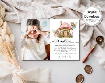 May include: A digital download thank you card with a watercolor illustration of a fairy house and fairies. The card includes the text "thank you" and a personalized message. A young girl is making a heart shape with her hands.