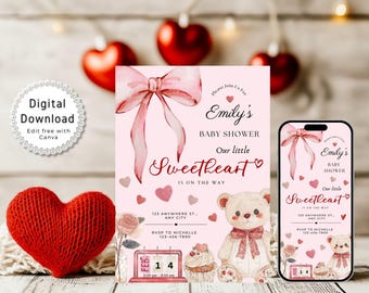 Valentine's Baby Shower Invitation, Little Sweetheart On the Way Invitation Template, Pink Bow Red Hearts Teddy Bear Invite, Canva Printable