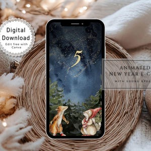 Cartão digital animado de Ano Novo, cartão eletrônico editável de Feliz Ano Novo 2025, cartão de vídeo eletrônico para celular, fogos de artifício de animais da floresta