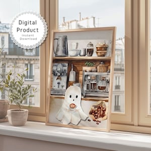 Arte de pared imprimible con fantasmas de café para Halloween, lindo arte imprimible con fantasmas, decoración de barra de café para Halloween, póster de café de otoño, regalo para amantes del café
