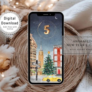 Cartão digital animado de Ano Novo, cartão eletrônico editável de Feliz Ano Novo 2025, cartão de vídeo eletrônico para celular, fogos de artifício da contagem regressiva de Nova York