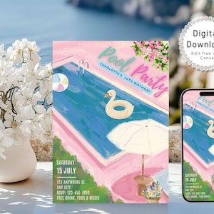 May include: A digital download invitation for a pool party, featuring a pool scene with a swan float, beach ball, and parasol. The invitation is in pink and blue with the text "Pool Party" and "Charlotte's 20th Birthday". A smartphone displays the same design.