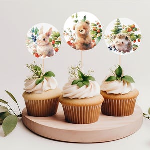 Printable Woodland Cupcake Toppers, Woodland Birthday Cake Topper, Forest Animal Cupcake Picks, 1st Birthday Party Decor, Instant Download