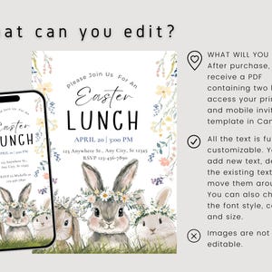 Puede incluir: Plantilla de invitaci&oacute;n editable para un almuerzo de Pascua, disponible en dise&ntilde;o digital e imprimible, con lindas ilustraciones de conejos y detalles florales. El texto es personalizable, incluyendo la fecha, la hora, la ubicaci&oacute;n y la informaci&oacute;n de RSVP. La invitaci&oacute;n dice "Por favor, &uacute;nase a nosotros para un almuerzo de Pascua".