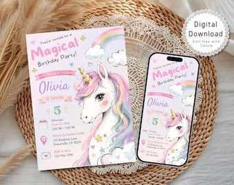 Unicorn Birthday Invitation, Magical Pastel Rainbow Party Invite, Whimsical Fairytale Party Invite, Girl Pink Invitation, Canva Template