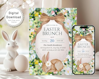 Invitación imprimible para búsqueda de huevos de Pascua, invitación digital para brunch de Pascua, plantilla de invitación para fiesta de Pascua, invitación floral de conejito de Pascua