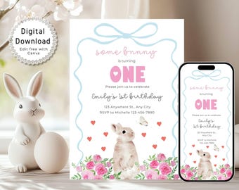 Easter Birthday Party Invitation Printable, Some Bunny Birthday Invite Digital, Girls 1st Birthday Invitation, Pink Rose Birthday Invite