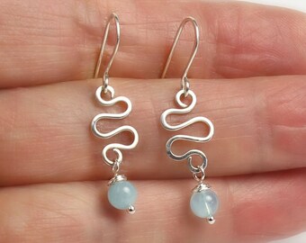 Light Blue Aquamarine Sterling Silver Earrings: Handmade Wire Swirl