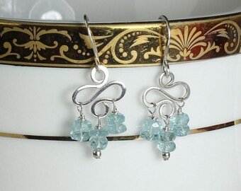 Neon Blue Apatite Earrings: Handmade Silver Wire Swirl, Gemstone Jewelry