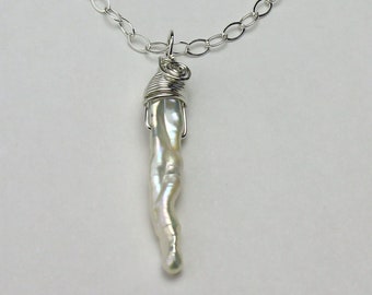 Baroque Pearl Pendant Necklace: Long White Pearl, Sterling Silver Chain