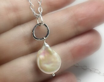 Handmade Coin Pearl Necklace: Forged Sterling Silver Loop Pendant
