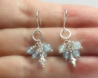 Aquamarine Earrings with Crystal Accent Drops from Hammered Loop, Dainty Earrings, Birthday Gift for Girlfriend, March Birthstone, Daughter