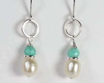 Freshwater Pearl Earrings: Blue Amazonite Gemstone, Hammered Circle Design