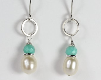 Freshwater Pearl Earrings and Blue Amazonite, Hammered Circles, Real Pearl Earrings, Dainty Earrings, Birthday Gift Daughter, Best Friend