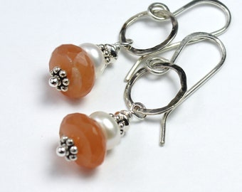 Handmade Peach Moonstone Drop Earrings: Sterling Silver & Freshwater Pearl