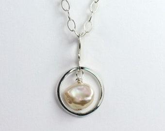 Keshi Pearl Necklace: Hammered Sterling Silver Circle Pendant