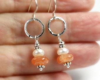 Peach Moonstone Earrings, Freshwater Pearls, Handmade Hammered Circles, Drop Earrings, Birthday Gift, Anniversary, Girlfriend, Daughter