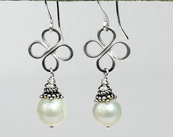 Handmade Sterling Silver Flower Earrings: Freshwater Pearl Dangle