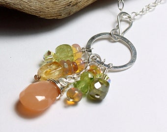 Peach Moonstone Pendant Necklace with Peridot, Opal, Citrine Cluster, Dangles from Sterling Chain, Gift Ideas for Daughter, Wife or Bestie