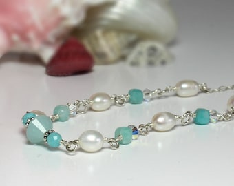Freshwater Pearl Necklace: Blue Amazonite & Crystal Accents