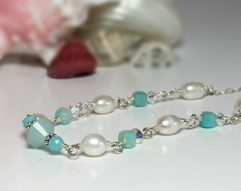 Freshwater Pearl Necklace with Blue Amazonite and Sparkling Crystal Accents, Dainty Jewelry, Birthday Gift Daughter, Best Friend