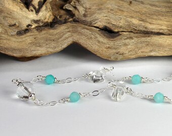 Clear Quartz Station Necklace: Amazonite Accent, Sterling Silver Chain