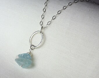 Raw Aquamarine Necklace: Sterling Silver Chain, Keshi Pearl Pendant
