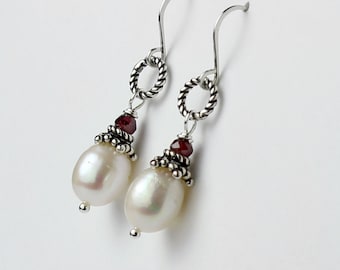 Freshwater Pearl Drop Earrings: Sterling Silver, Garnet Gemstone Accent