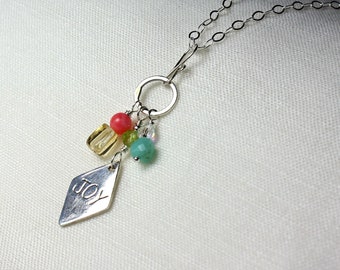 Cascade Necklace with Silver Charm and Genuine Gemstones, Citrine, Coral, Amazonite, Gift Ideas