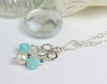 Amazonite Clover Necklace: Sterling Silver, Freshwater Pearl Pendant