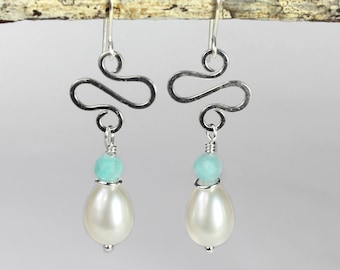 Handmade Pearl Teardrop Earrings: Sterling Silver Swirl, Amazonite Accent