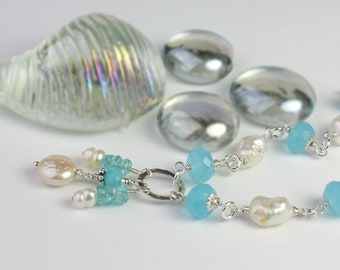 Aqua Chalcedony & Baroque Pearl Necklace: Sterling Silver Station Chain