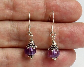 Amethyst Dangle Earrings: Sterling Silver Bali Bead Caps, February Birthstone