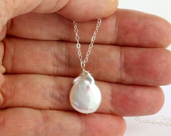 Pearl Necklace Silver Chain, Coin Pearl Necklace, Single Pearl, Layering Necklace, Girlfriend Gift, Birthday Gift, Mom Gift