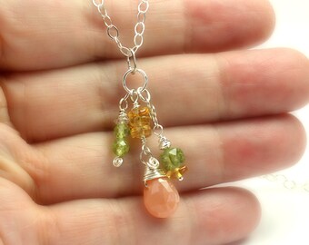 Peach Moonstone Sterling Silver Necklace: Citrine, Peridot & Green Garnet