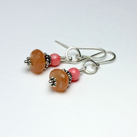 Sterling Silver Peachy CORAL Double Gemstone Dangle Earrings...Handmade USA Sterling Silver Peachy CORAL Double Gemstone Dangle Earrings...Handmade USA