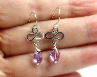 Amethyst Sterling Silver Earrings: Handmade Wire Swirl, February Birthstone