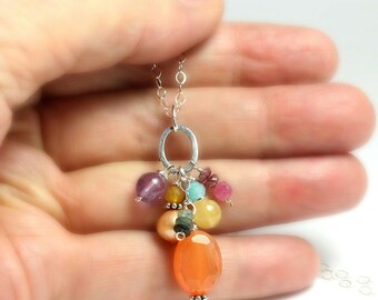 Handmade Sterling Silver Multi-Gemstone Cluster Necklace: Carnelian, Amethyst, Pearl