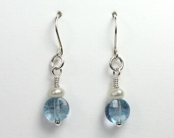 Blue Topaz Earrings: Sterling Silver, Freshwater Pearl, Dainty Jewelry