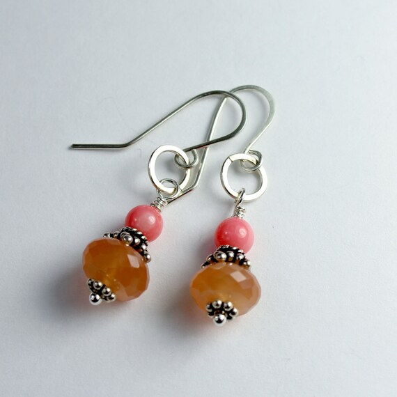 Sterling Silver Peachy CORAL Double Gemstone Dangle Earrings...Handmade USA Sterling Silver Peachy CORAL Double Gemstone Dangle Earrings...Handmade USA