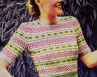 Vintage Knitting Pattern 1945 Fair Isle Sweater Set PDF Instant Download