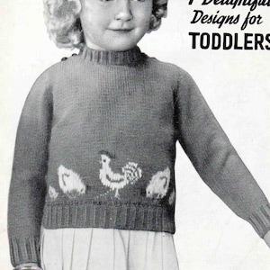 Vintage Hahn und Hühner Pullover 1950s PDF Strickmuster 2-4 Jahre
