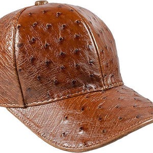May include: A brown leather baseball cap with an ostrich skin pattern.