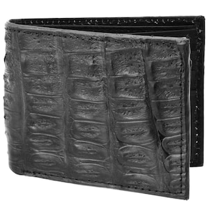 Carteira de crocodilo preto de jacaré com duas dobras, compartimentos para cartão, compartimento para identidade, compartimento para notas, feita à mão com couro exótico real, proteção contra roubo RDIF