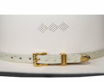Ostrich Cowboy Hat Band Bone Gold Plated 3 Piece Buckle Set Handmade 26