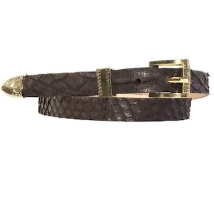 Banda para sombrero de vaquero de piel de serpiente de pitón marrón, juego de 3 hebillas doradas, hecho a mano, 26"
