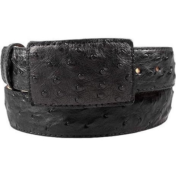 White Diamond Ostrich Belt Black Leather Lining Genuine Handmade 1 1/2" Wide Removable Buckle